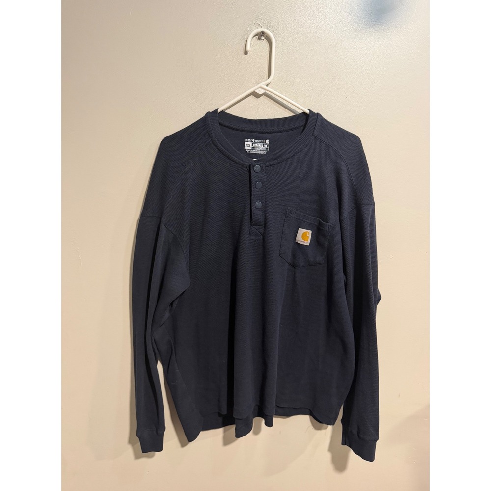 Carhartt Mens 2XL Relaxed Fit Henley Waffle Knit Pocket Shirt Navy TK4429-M
